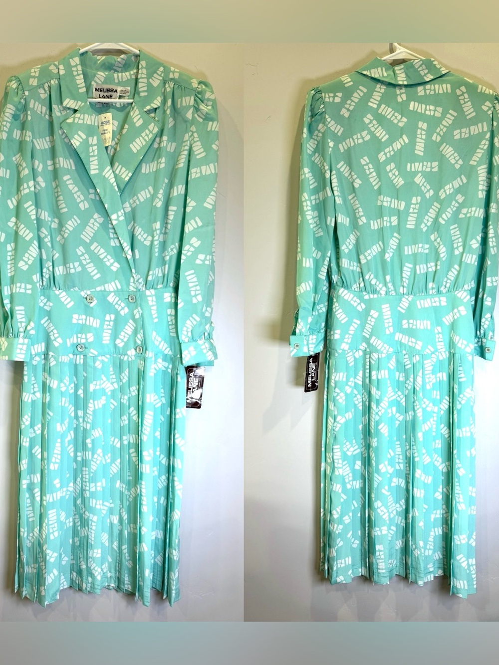 Vintage 80s Melissa Lane Mint Green & White Long Sleeve Printed Dress O5